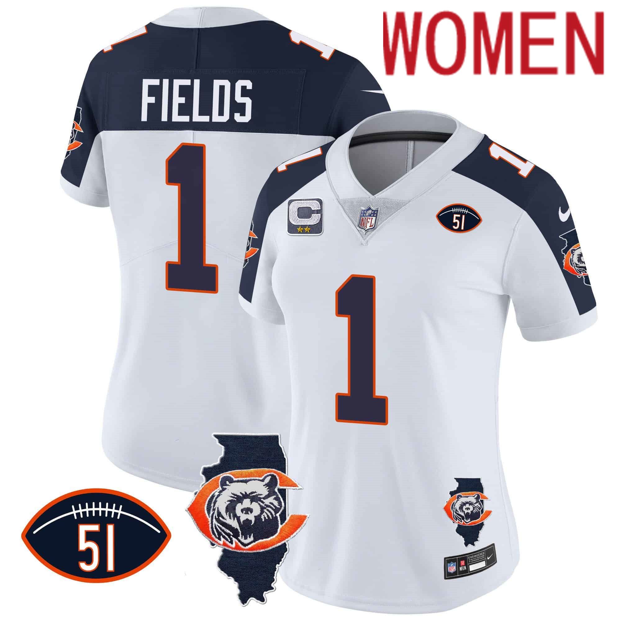 Women Chicago Bears #1 Fields White 2024 Nike Throwback Illinois Patch Vapor NFL Jersey style 2->women nfl jersey->Women Jersey